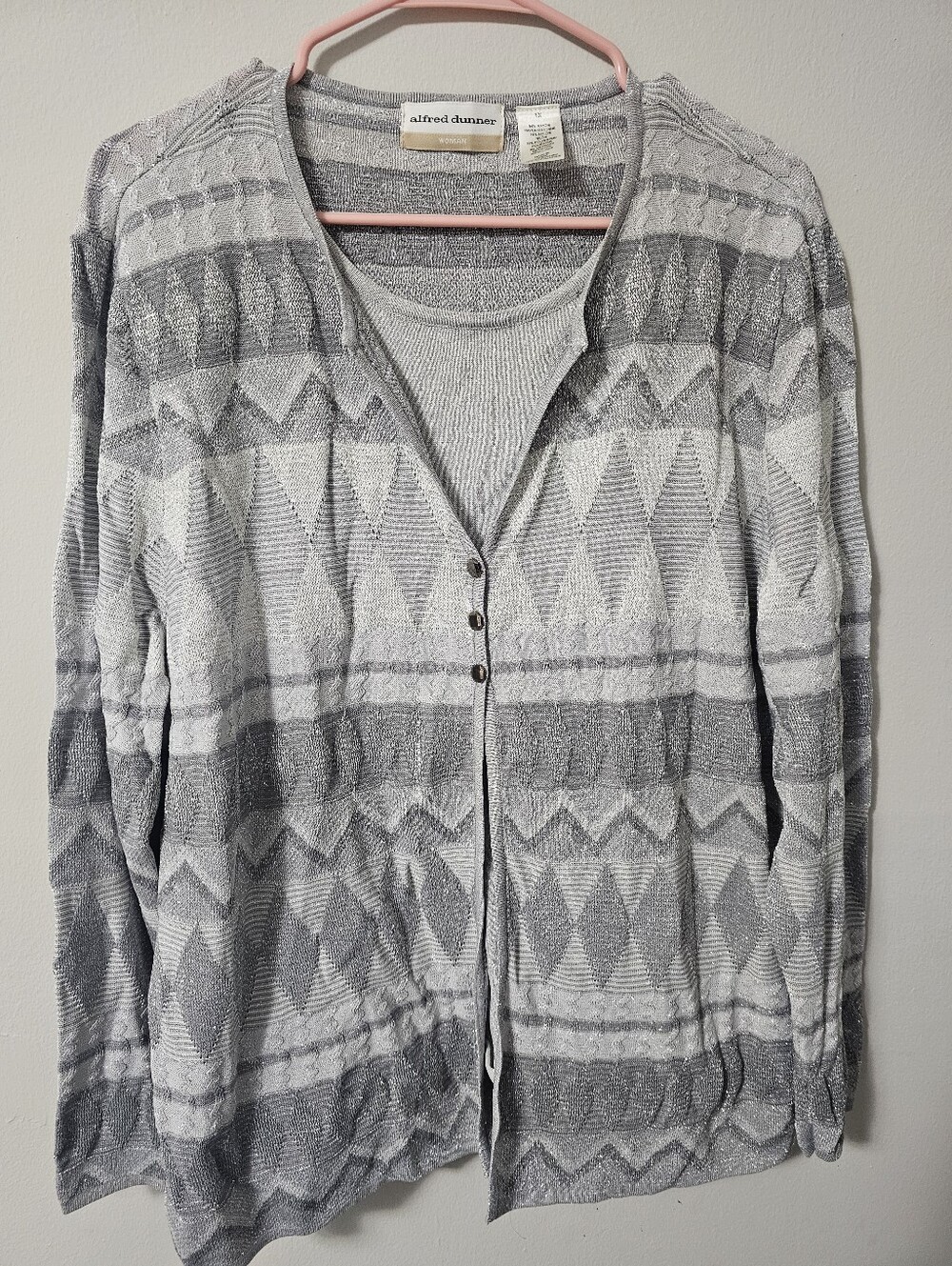 Alfred Dunner Silver Geometric Cardigan Sweater Attached Tank Top Liner 1x